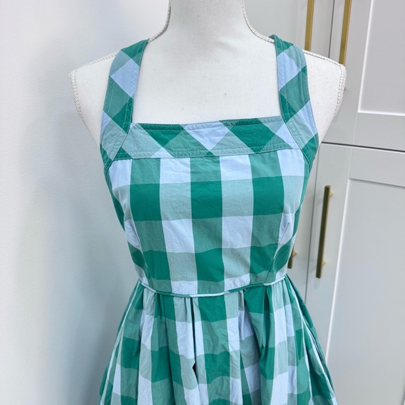 J. Crew Karina Gingham Midi Dress Green Blue Check Square Neckline Size 4 50s - Picture 3 of 11